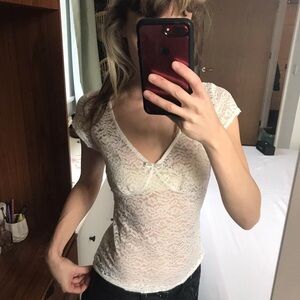 Fashion Union Delicate Lace V-Neck Blouse - Cream